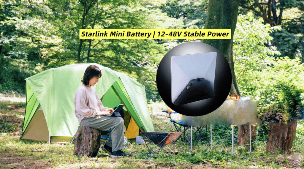 Outdoor camping setup showing a traveler using a laptop with Starlink Mini powered by a dedicated Starlink Mini Battery engineered for 12–48V, 60W stable performance in the field