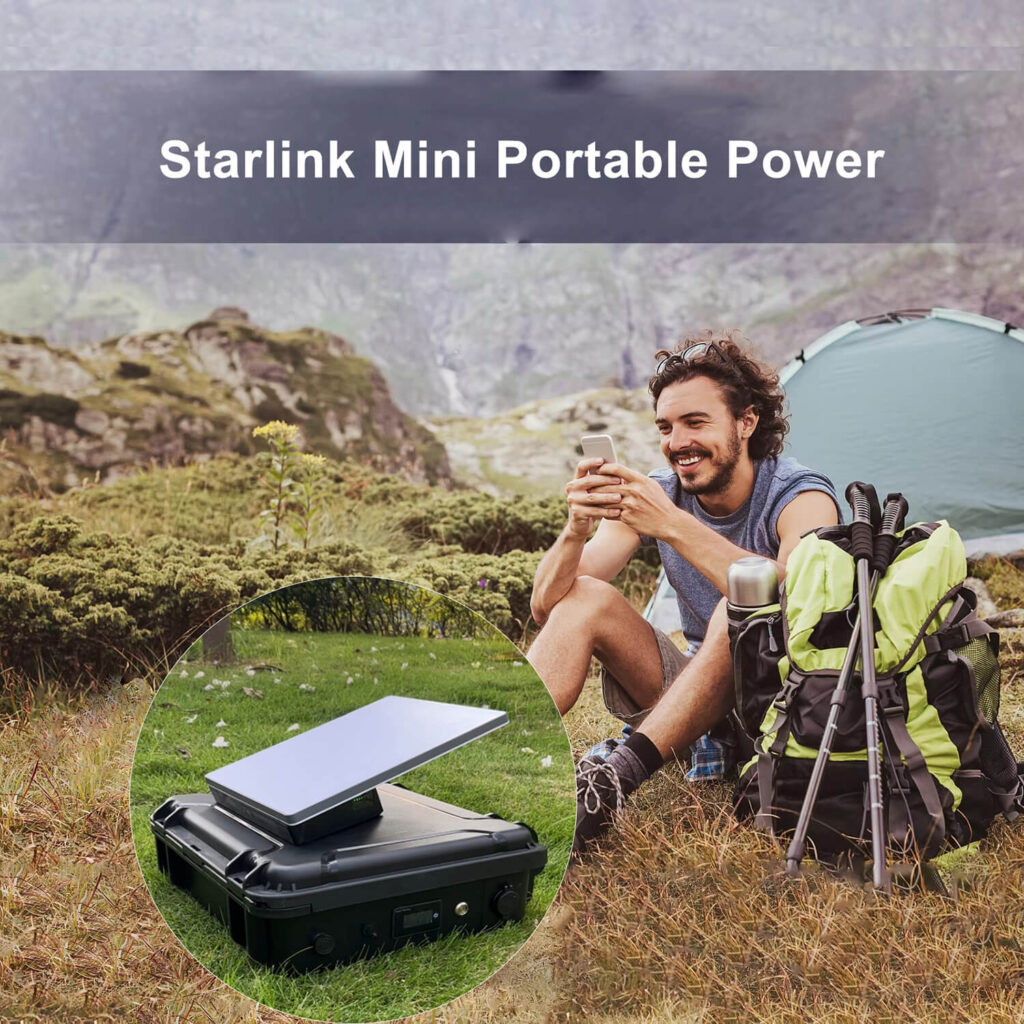 Starlink Mini portable power battery pack used outdoors during camping, providing reliable satellite internet connectivity for hikers and travelers in remote locations