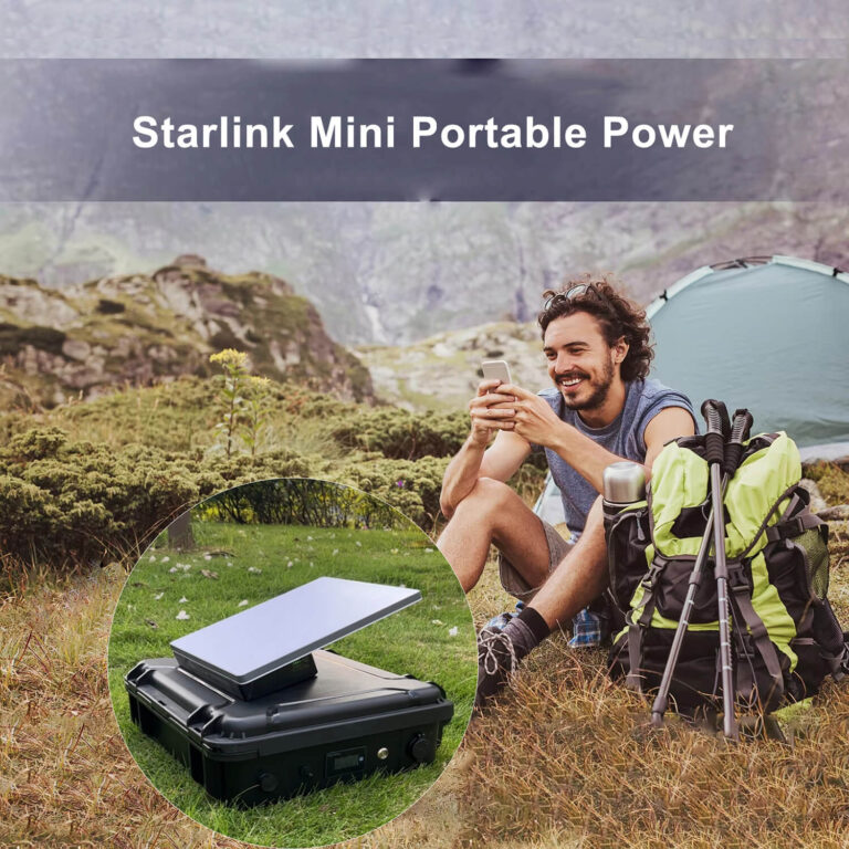 Starlink Mini portable power battery pack used outdoors during camping, providing reliable satellite internet connectivity for hikers and travelers in remote locations