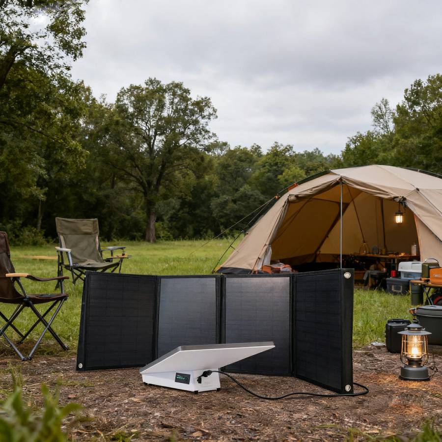 Starlink Mini battery connected to 60W solar panel in an outdoor campsite setup