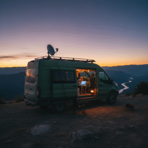 Van parked at dusk with Starlink Mini satellite dish on roof — van life off-grid internet setup