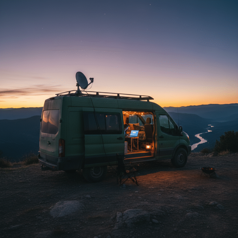 Van parked at dusk with Starlink Mini satellite dish on roof — van life off-grid internet setup