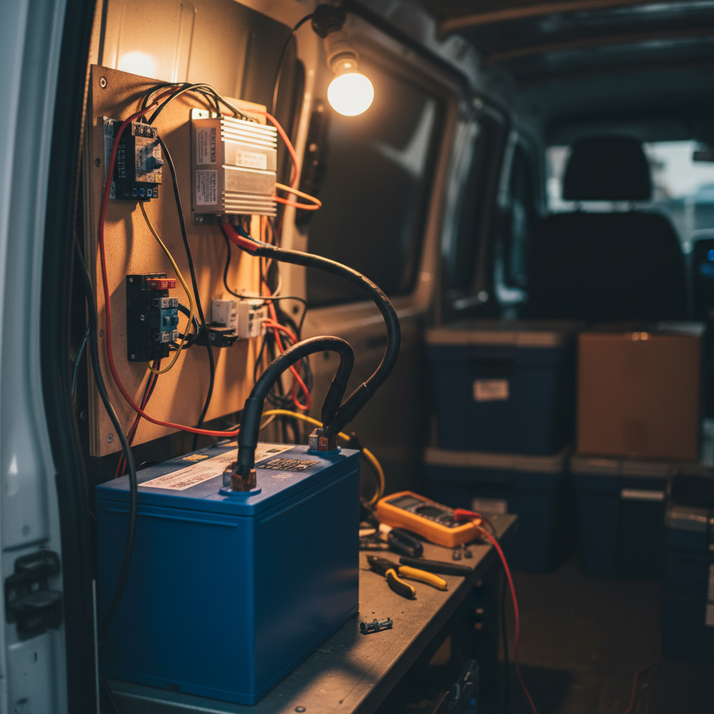 Van 12V electrical system with step-up converter and battery wiring for Starlink Mini