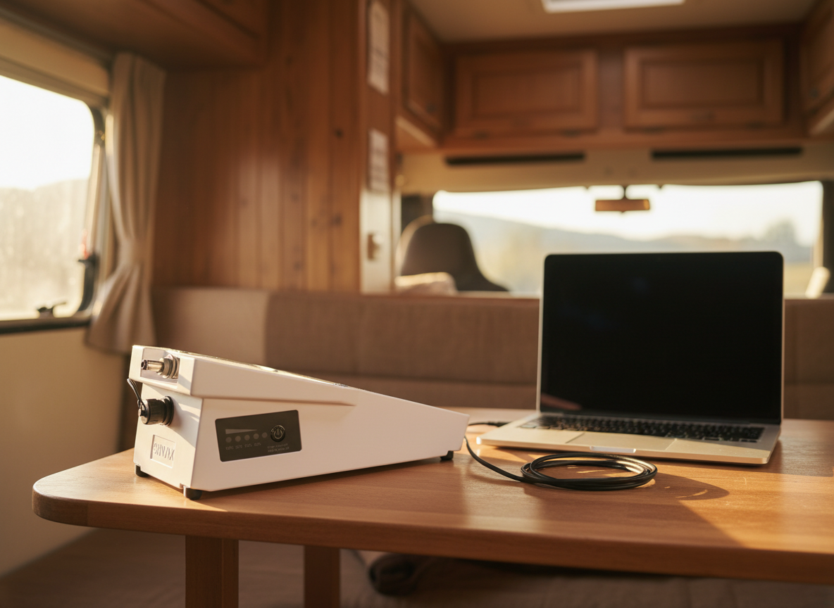 SINVYX Starlink Mini battery on van interior table with laptop — direct 15–21V plug-in connection