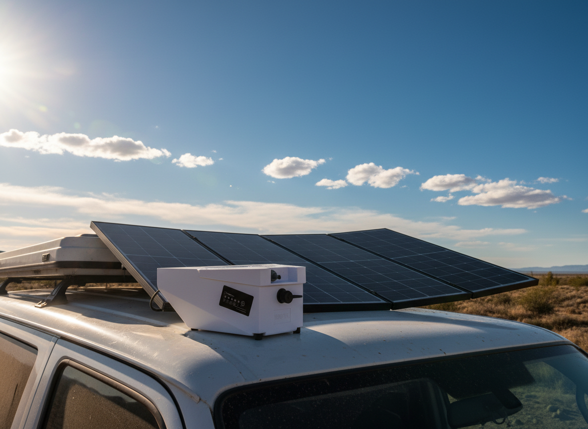 SINVYX battery and folding solar panel on van roof for unlimited off-grid Starlink Mini power